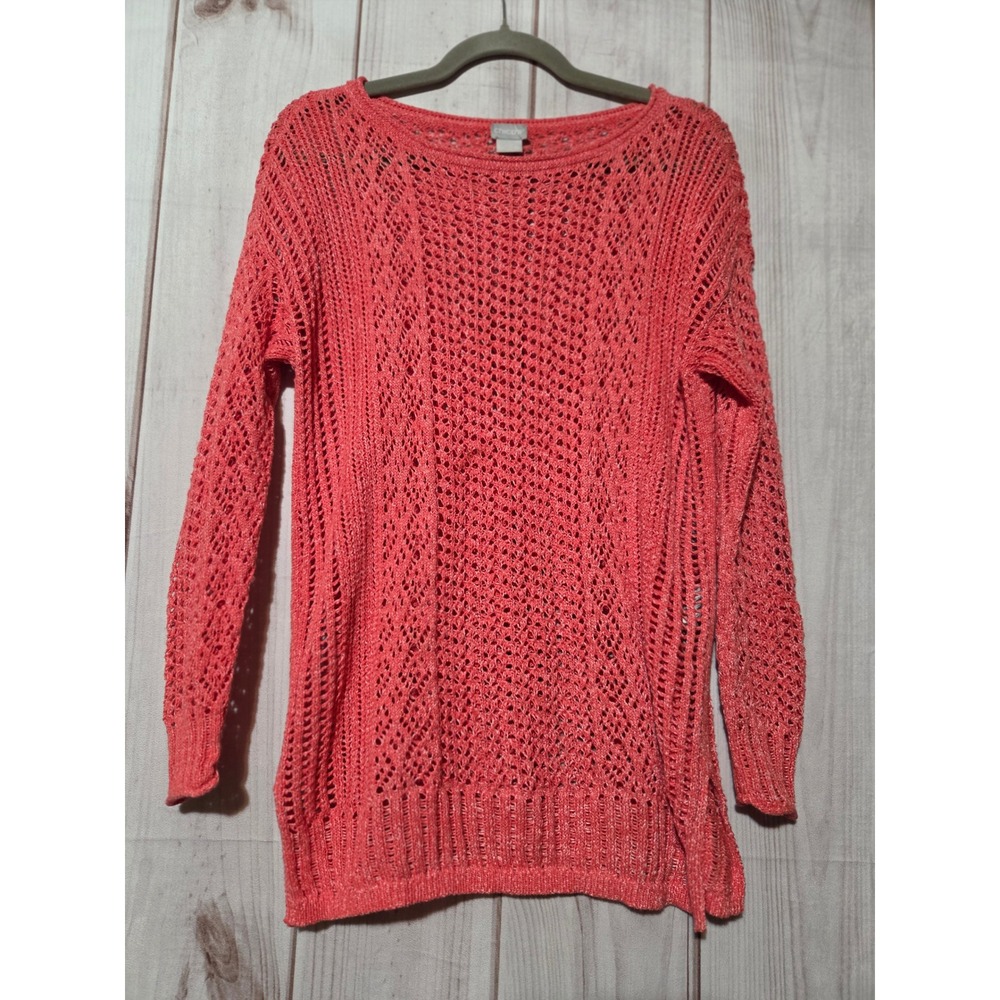 Chico's 0 Women Coral Pink Open Knit Crochet Sweater Size‎ S Pointelle Pullover